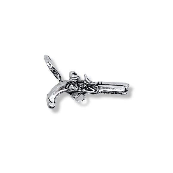 Antiqued Rhodium Plated 925 Sterling Silver Old Timey Pirate Gun Charm - Picture 1 of 7